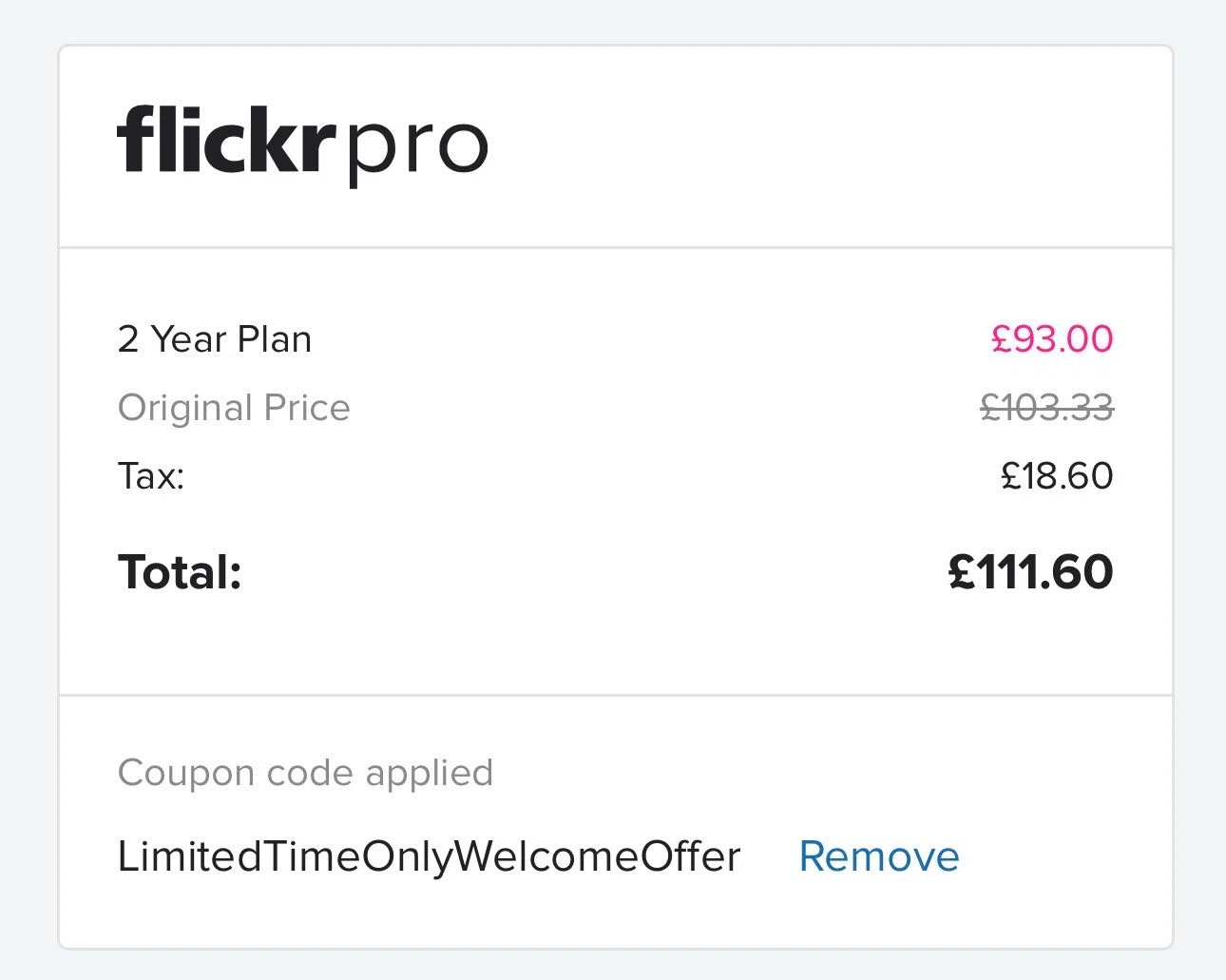 Flickr promo code screenshot showing code LimitedTimeOnlyWelcomeOffer applied at Flickr checkout page. Uploaded by SimplyCodes community member WiseCurator5315 on Jan 10, 2026