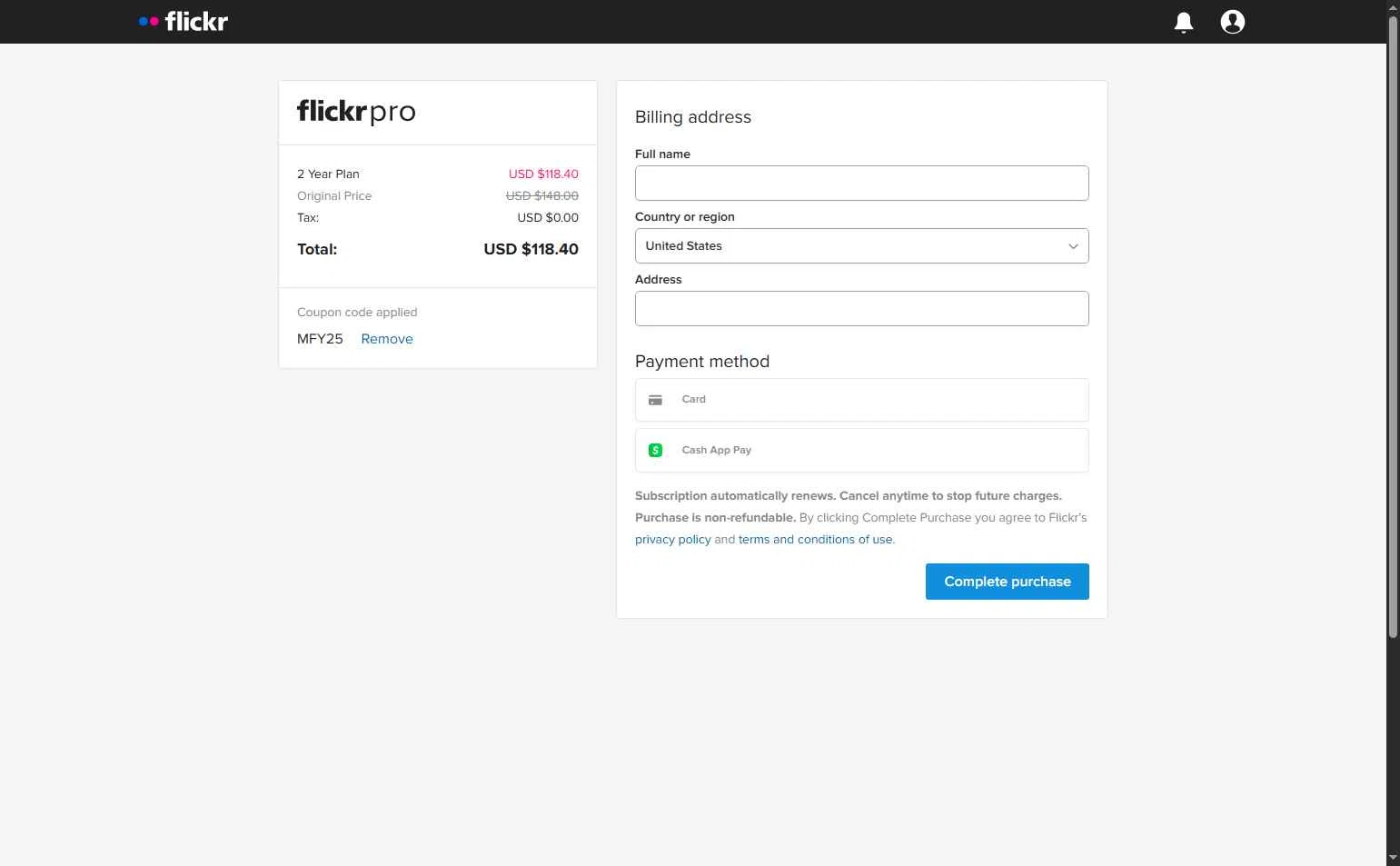 Flickr checkout page showing Flickr promo code box | Screenshot taken by SimplyCodes community member on Dec 27, 2025