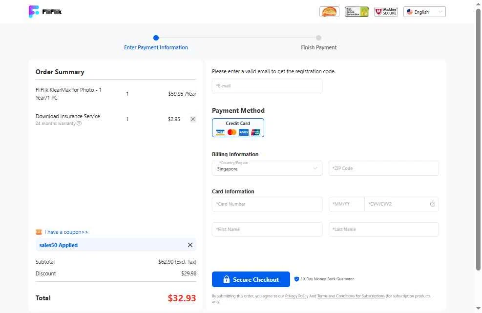 FliFlik checkout page showing FliFlik promo code box | Screenshot taken by SimplyCodes community member on Dec 12, 2025