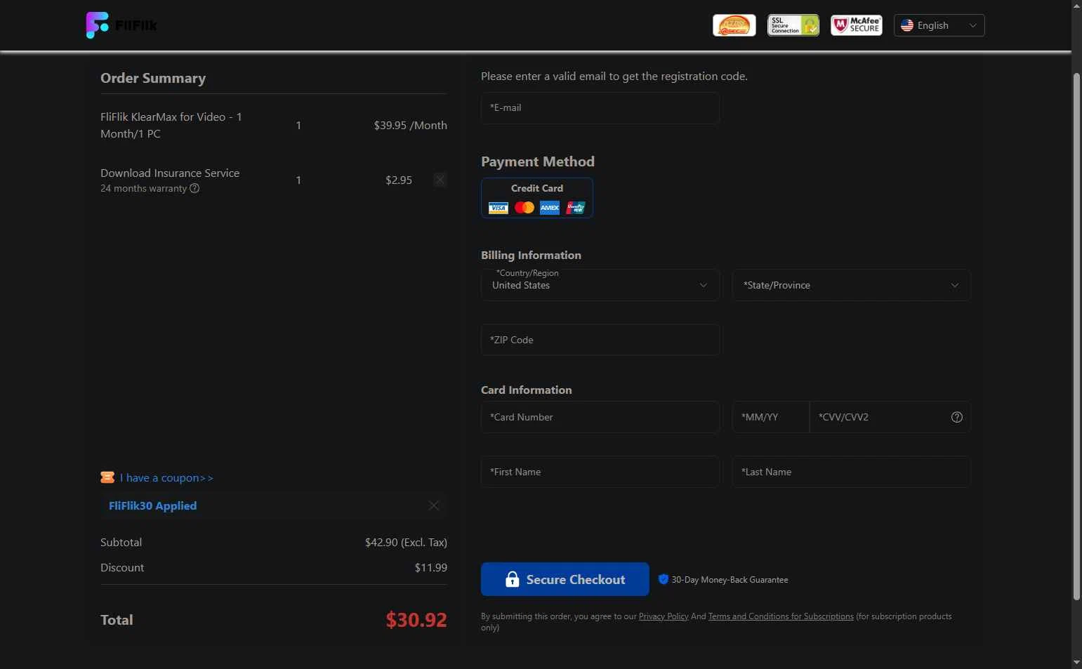 FliFlik checkout page showing FliFlik promo code box | Screenshot taken by SimplyCodes community member on Dec 11, 2025