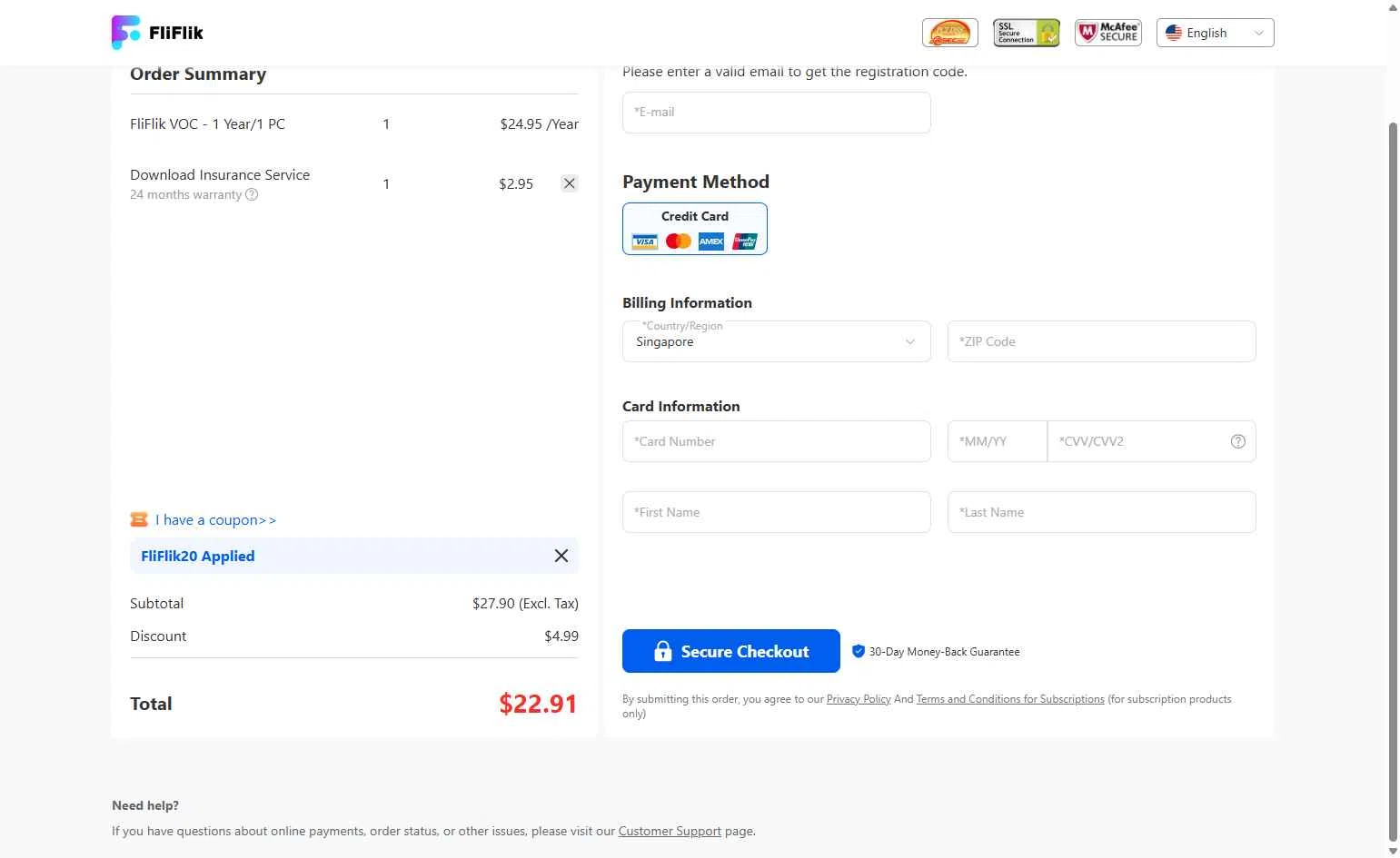 FliFlik checkout page showing FliFlik promo code box | Screenshot taken by SimplyCodes community member on Dec 20, 2025