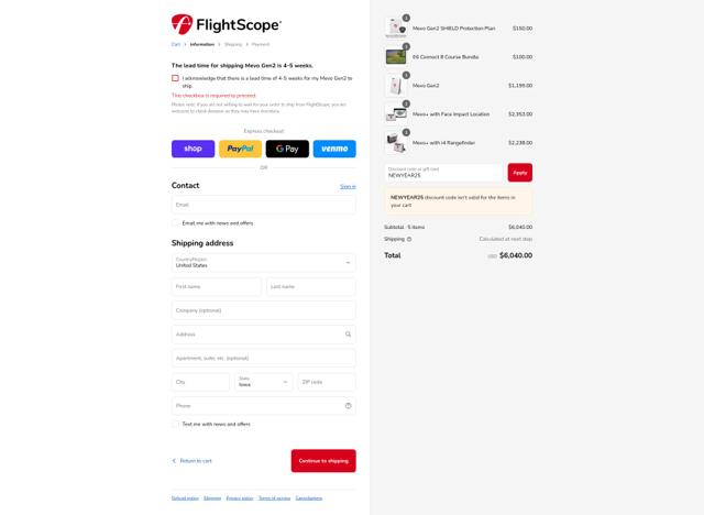 FlightScope checkout page showing FlightScope discount code box | Screenshot taken by SimplyCodes community member on Sep 12, 2025
