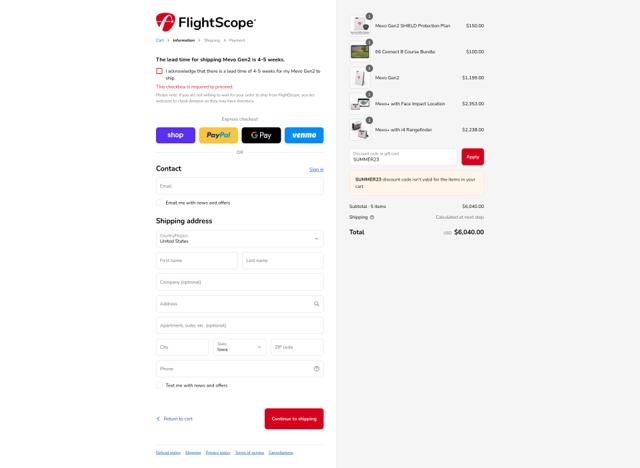 FlightScope checkout page showing FlightScope discount code box | Screenshot taken by SimplyCodes community member on Sep 12, 2025