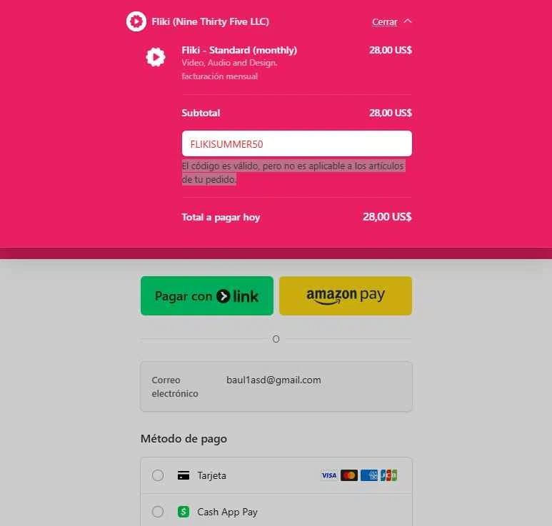 Fliki checkout page showing Fliki promo code box | Screenshot taken by SimplyCodes community member on Jan 15, 2026