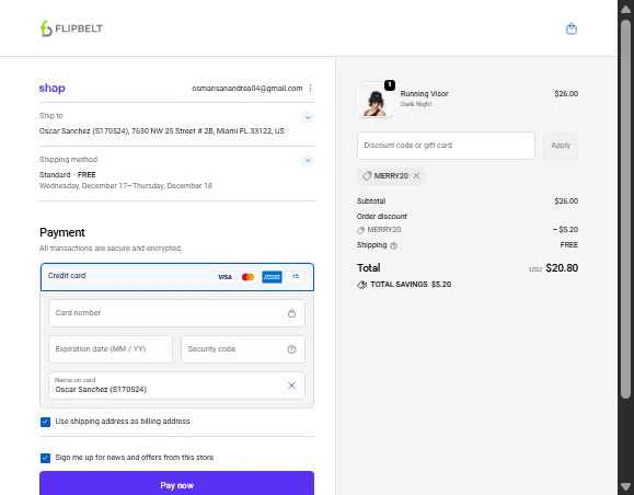 FlipBelt checkout page showing FlipBelt promo code box | Screenshot taken by SimplyCodes community member on Dec 11, 2025