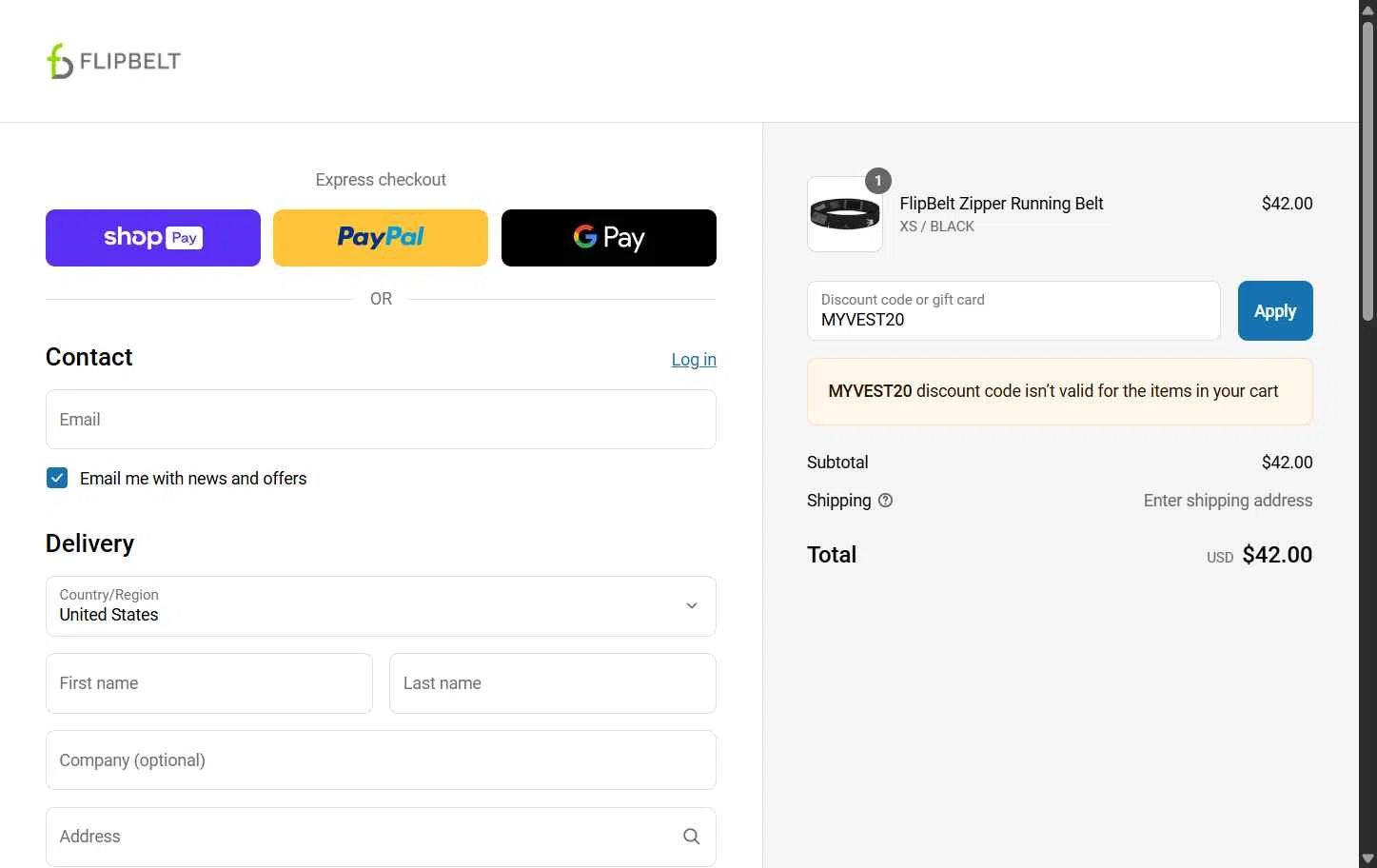 FlipBelt checkout page showing FlipBelt promo code box | Screenshot taken by SimplyCodes community member on May 20, 2025