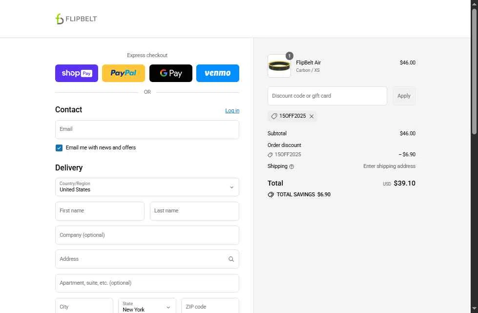 FlipBelt checkout page showing FlipBelt promo code box | Screenshot taken by SimplyCodes community member on Aug 11, 2025