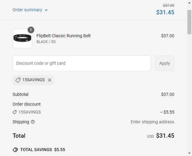 FlipBelt checkout page showing FlipBelt promo code box | Screenshot taken by SimplyCodes community member on Apr 22, 2025