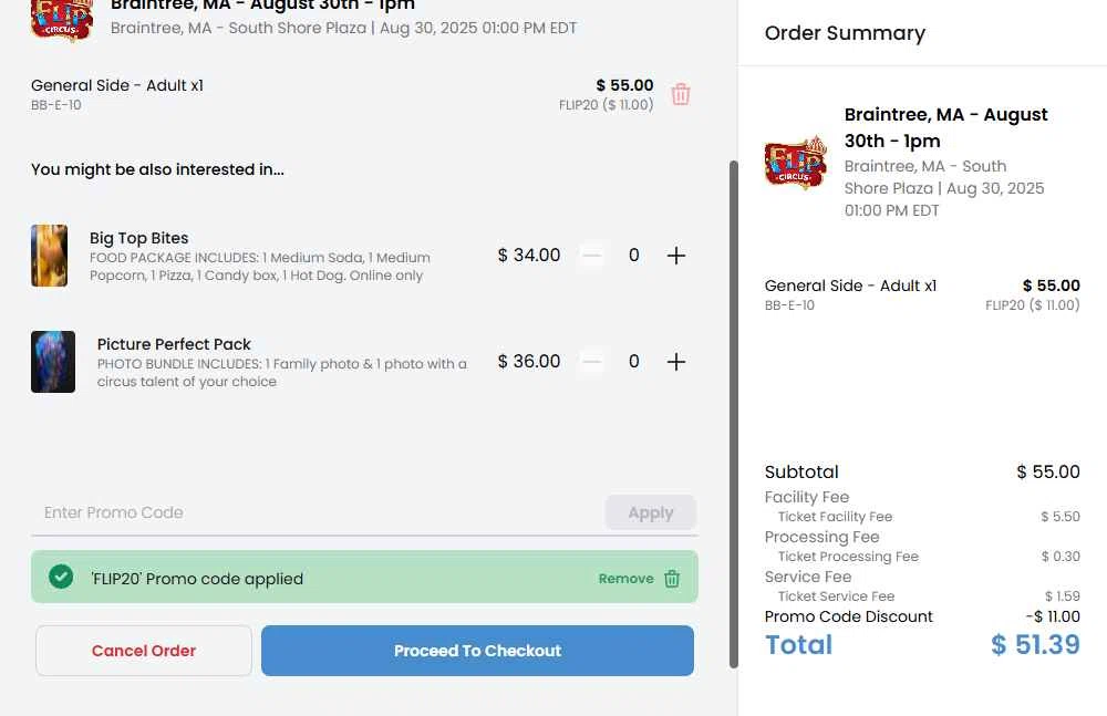 Flip Circus checkout page showing Flip Circus promo code box | Screenshot taken by SimplyCodes community member on Aug 30, 2025