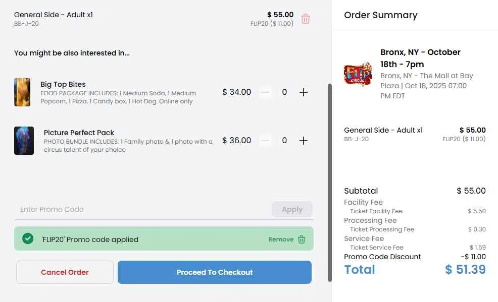 Flip Circus checkout page showing Flip Circus promo code box | Screenshot taken by SimplyCodes community member on Oct 7, 2025