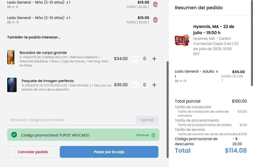 Flip Circus checkout page showing Flip Circus promo code box | Screenshot taken by SimplyCodes community member on Jul 22, 2025
