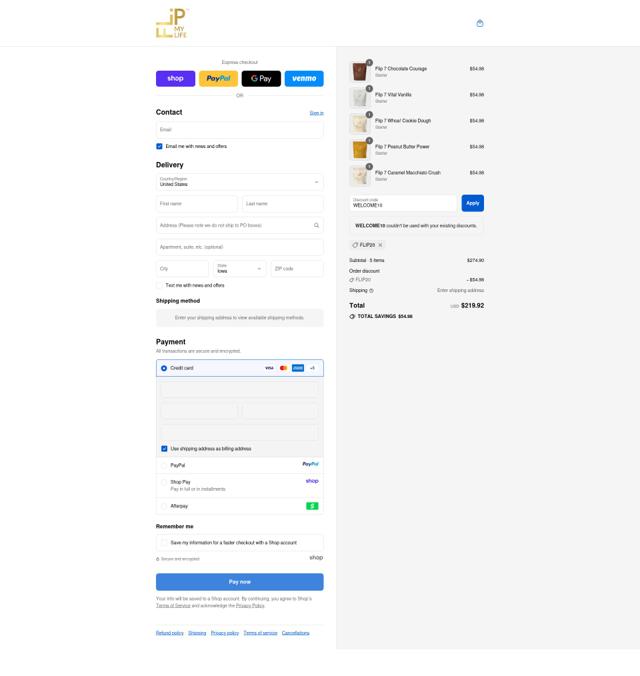 Flip My Life checkout page showing Flip My Life discount code box | Screenshot taken by SimplyCodes community member on Sep 10, 2025
