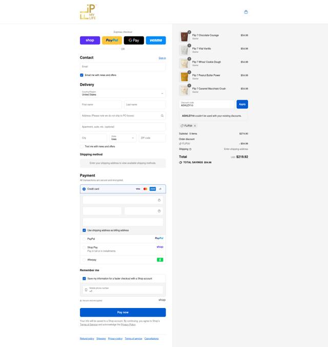 Flip My Life checkout page showing Flip My Life discount code box | Screenshot taken by SimplyCodes community member on Sep 10, 2025