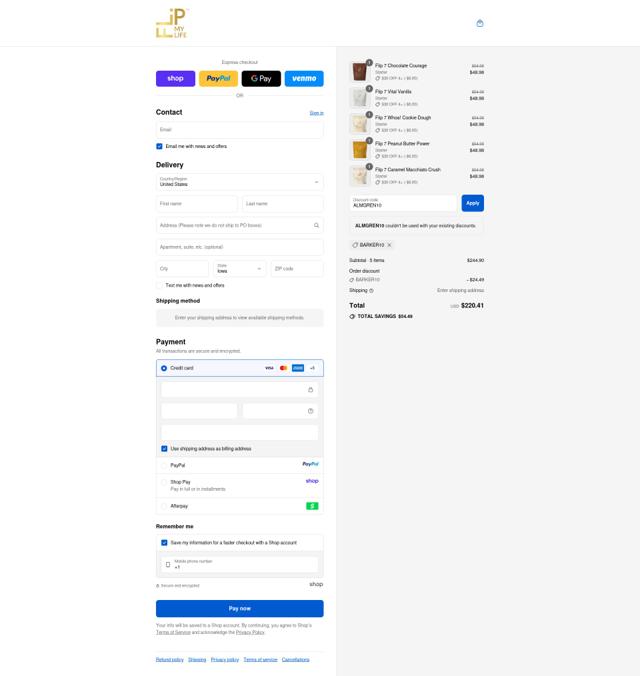 Flip My Life checkout page showing Flip My Life discount code box | Screenshot taken by SimplyCodes community member on Sep 10, 2025