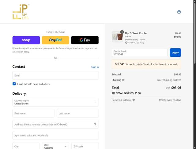 Flip My Life checkout page showing Flip My Life discount code box | Screenshot taken by SimplyCodes community member on Sep 12, 2025