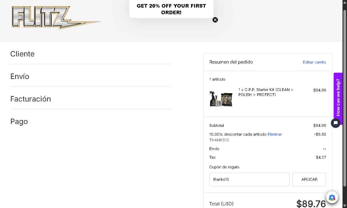 Flitz checkout page showing Flitz coupon code box | Screenshot taken by SimplyCodes community member on Nov 8, 2025