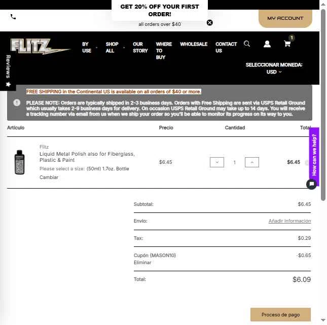 Flitz checkout page showing Flitz coupon code box | Screenshot taken by SimplyCodes community member on Nov 8, 2025