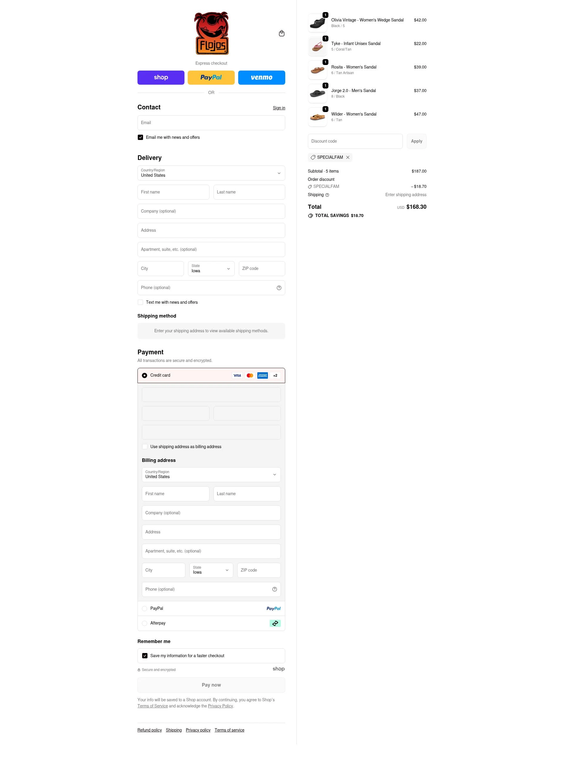 Flojos checkout page showing Flojos discount code box | Screenshot taken by SimplyCodes community member on Dec 13, 2025