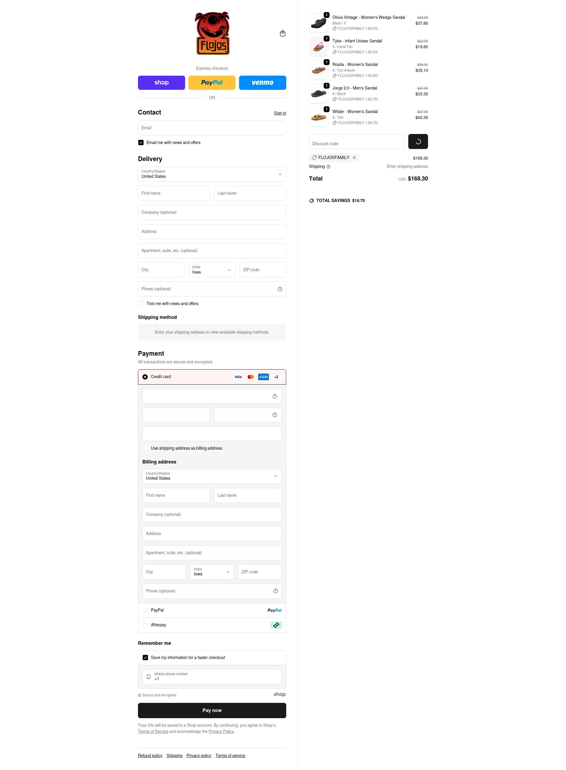 Flojos checkout page showing Flojos discount code box | Screenshot taken by SimplyCodes community member on Dec 20, 2025