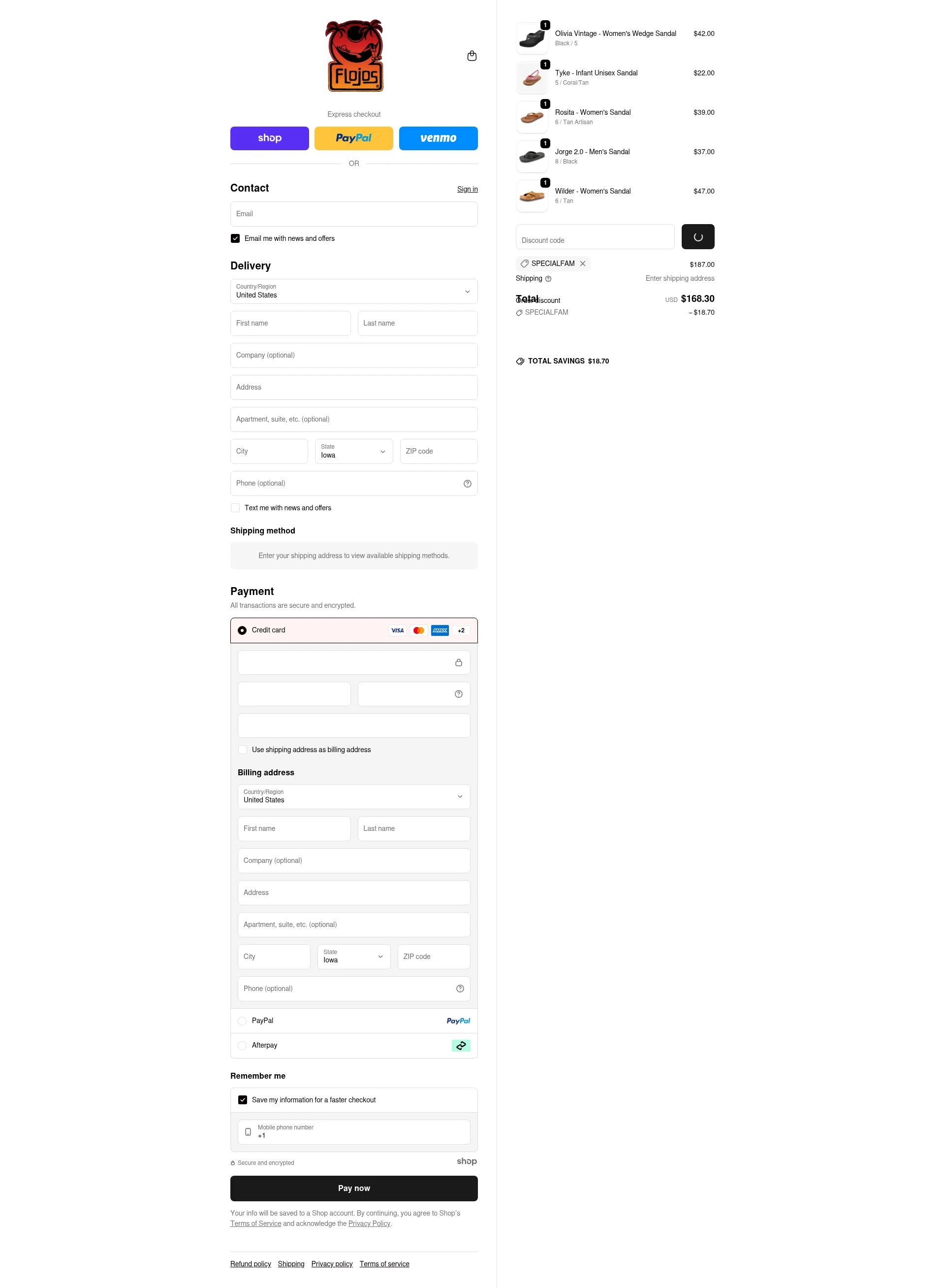 Flojos checkout page showing Flojos discount code box | Screenshot taken by SimplyCodes community member on Dec 26, 2025