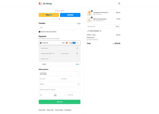 Flo Living checkout page showing Flo Living discount code box | Screenshot taken by SimplyCodes community member on Sep 3, 2025