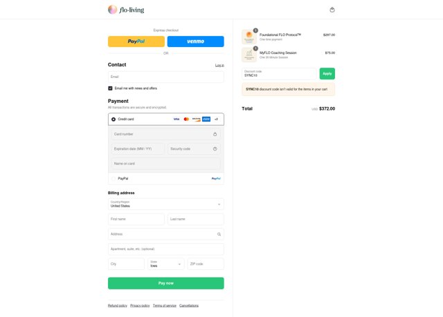 Flo Living checkout page showing Flo Living discount code box | Screenshot taken by SimplyCodes community member on Sep 3, 2025