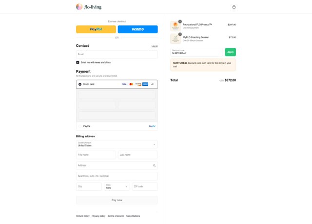 Flo Living checkout page showing Flo Living discount code box | Screenshot taken by SimplyCodes community member on Sep 3, 2025