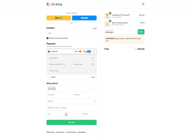 Flo Living checkout page showing Flo Living discount code box | Screenshot taken by SimplyCodes community member on Sep 3, 2025