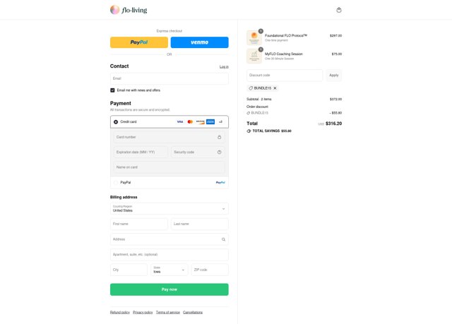 Flo Living checkout page showing Flo Living discount code box | Screenshot taken by SimplyCodes community member on Sep 3, 2025