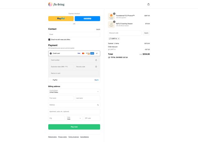 Flo Living checkout page showing Flo Living discount code box | Screenshot taken by SimplyCodes community member on Sep 3, 2025