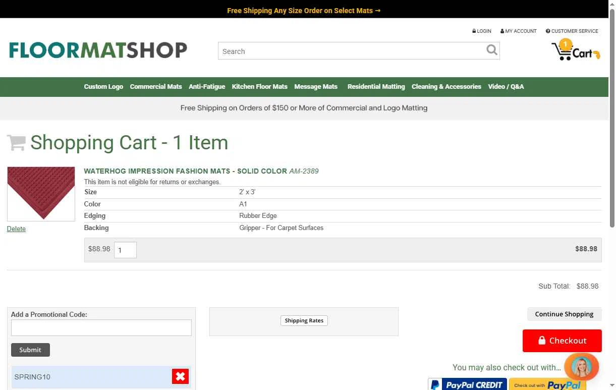 Floor Mat Shop checkout page showing Floor Mat Shop promo code box | Screenshot taken by SimplyCodes community member on May 16, 2025