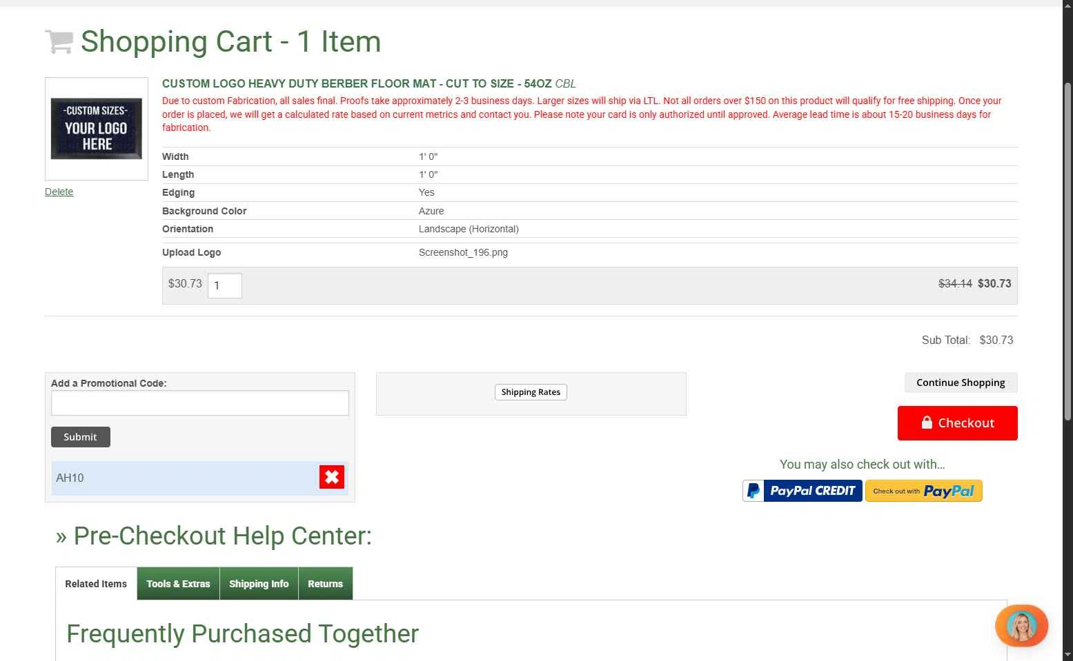 Floor Mat Shop checkout page showing Floor Mat Shop promo code box | Screenshot taken by SimplyCodes community member on Jul 27, 2025
