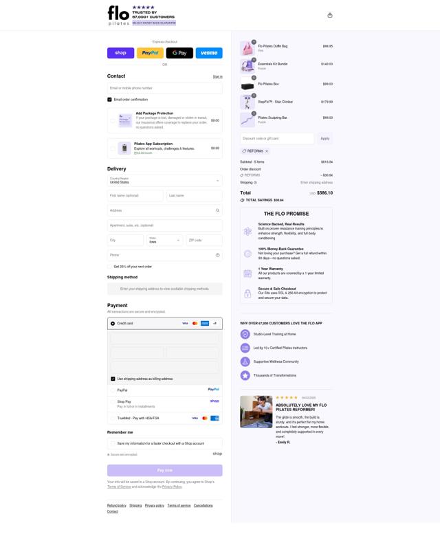 Flo Pilates checkout page showing Flo Pilates discount code box | Screenshot taken by SimplyCodes community member on Sep 10, 2025