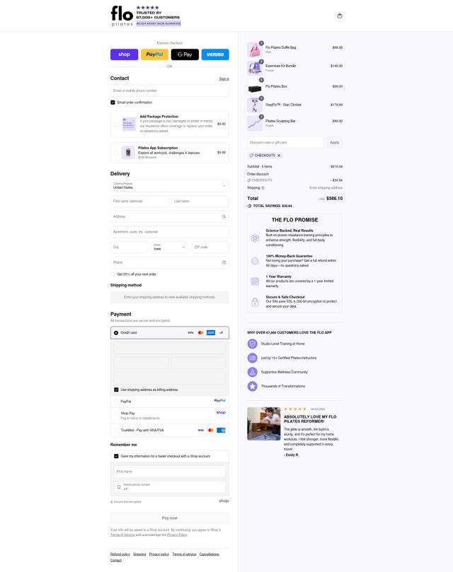 Flo Pilates checkout page showing Flo Pilates discount code box | Screenshot taken by SimplyCodes community member on Sep 10, 2025