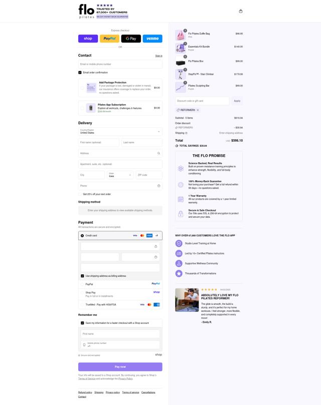 Flo Pilates checkout page showing Flo Pilates discount code box | Screenshot taken by SimplyCodes community member on Sep 10, 2025
