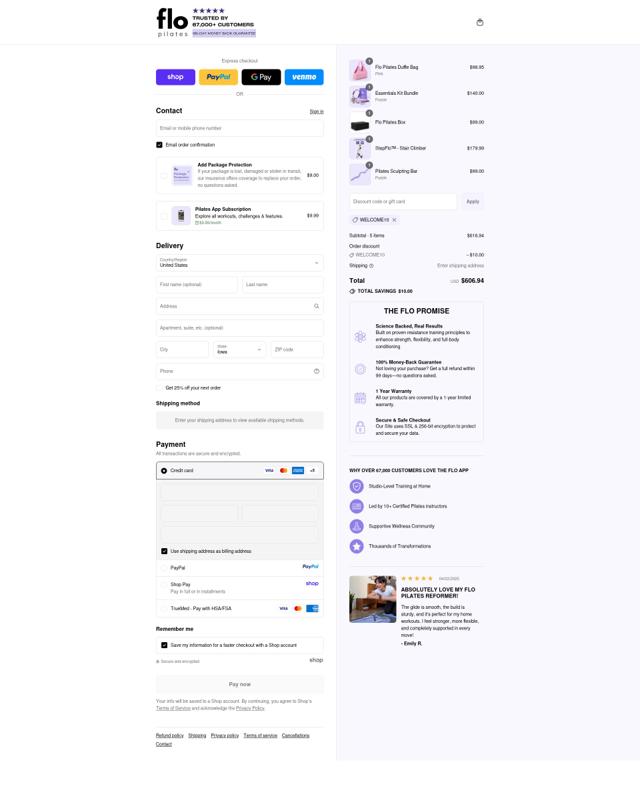 Flo Pilates checkout page showing Flo Pilates discount code box | Screenshot taken by SimplyCodes community member on Sep 10, 2025