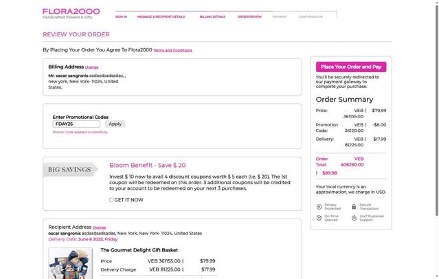 Flora2000 checkout page showing Flora2000 promo code box | Screenshot taken by SimplyCodes community member on Jun 3, 2025