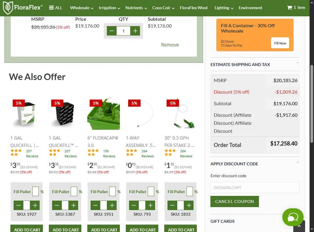 Flora Flex checkout page showing Flora Flex promo code box | Screenshot taken by SimplyCodes community member on Jul 18, 2025