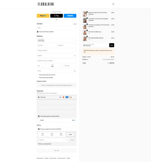 FloralKini checkout page showing FloralKini discount code box | Screenshot taken by SimplyCodes community member on Sep 8, 2025