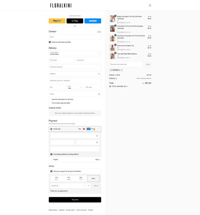 FloralKini checkout page showing FloralKini discount code box | Screenshot taken by SimplyCodes community member on Sep 8, 2025