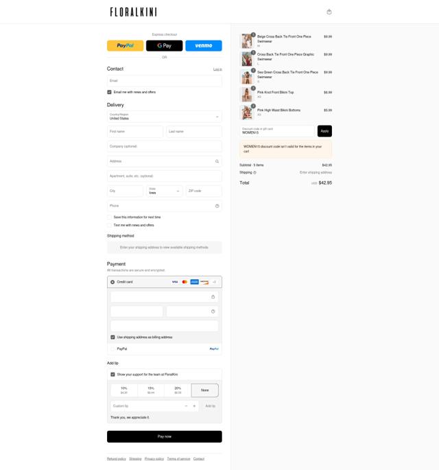 FloralKini checkout page showing FloralKini discount code box | Screenshot taken by SimplyCodes community member on Sep 8, 2025