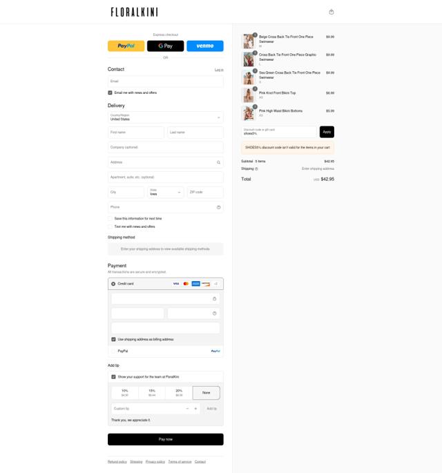 FloralKini checkout page showing FloralKini discount code box | Screenshot taken by SimplyCodes community member on Sep 8, 2025