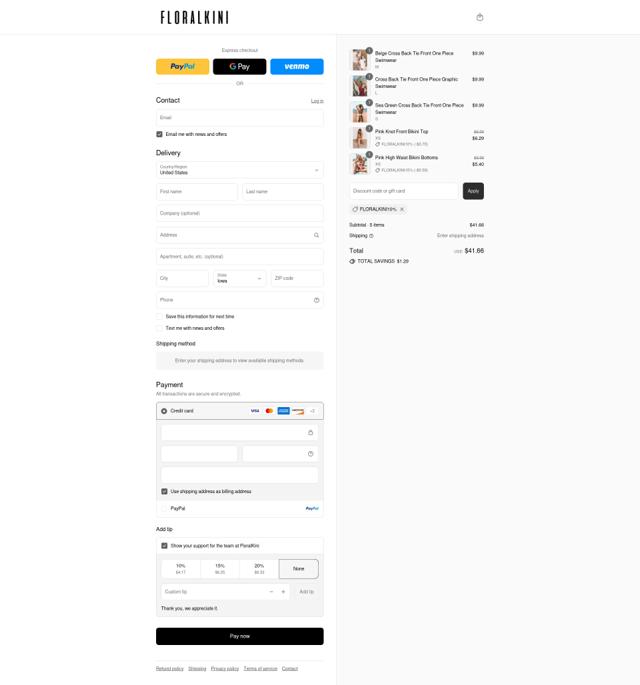 FloralKini checkout page showing FloralKini discount code box | Screenshot taken by SimplyCodes community member on Sep 8, 2025
