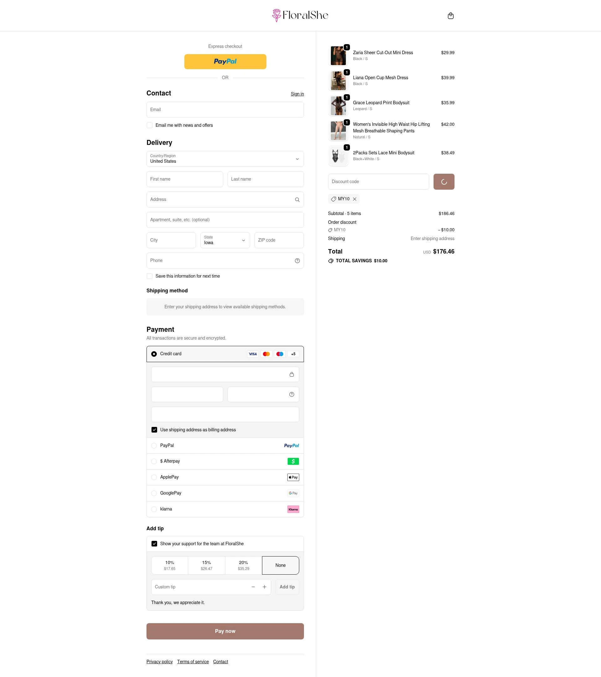 Floralshe checkout page showing Floralshe promo code box | Screenshot taken by SimplyCodes community member on Feb 18, 2026