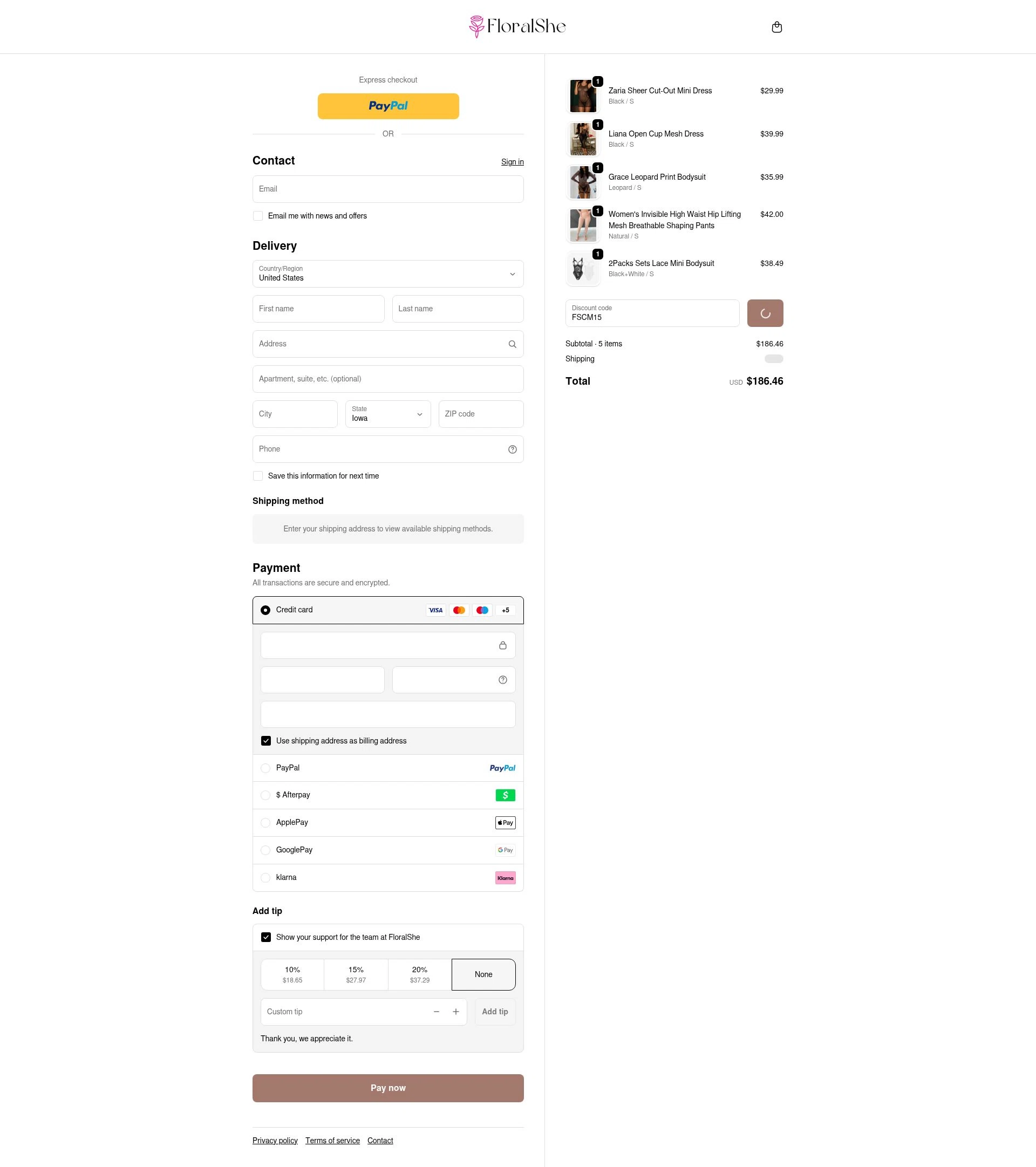 Floralshe checkout page showing Floralshe promo code box | Screenshot taken by SimplyCodes community member on Feb 18, 2026