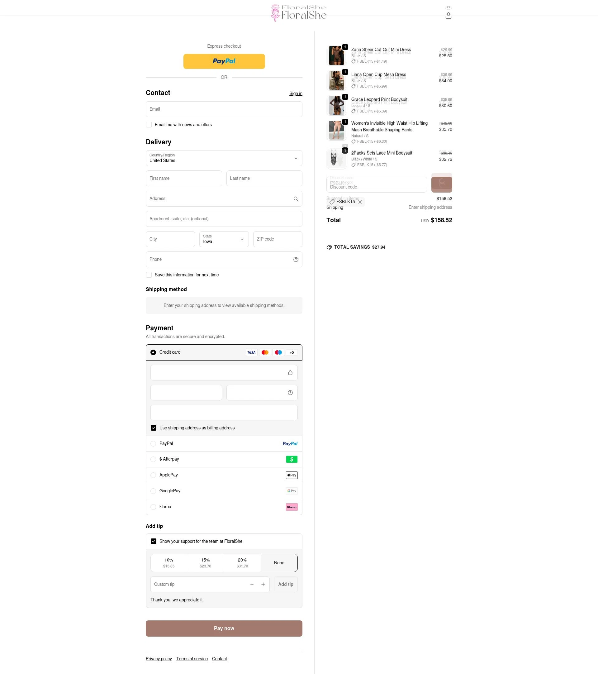 Floralshe checkout page showing Floralshe promo code box | Screenshot taken by SimplyCodes community member on Feb 18, 2026