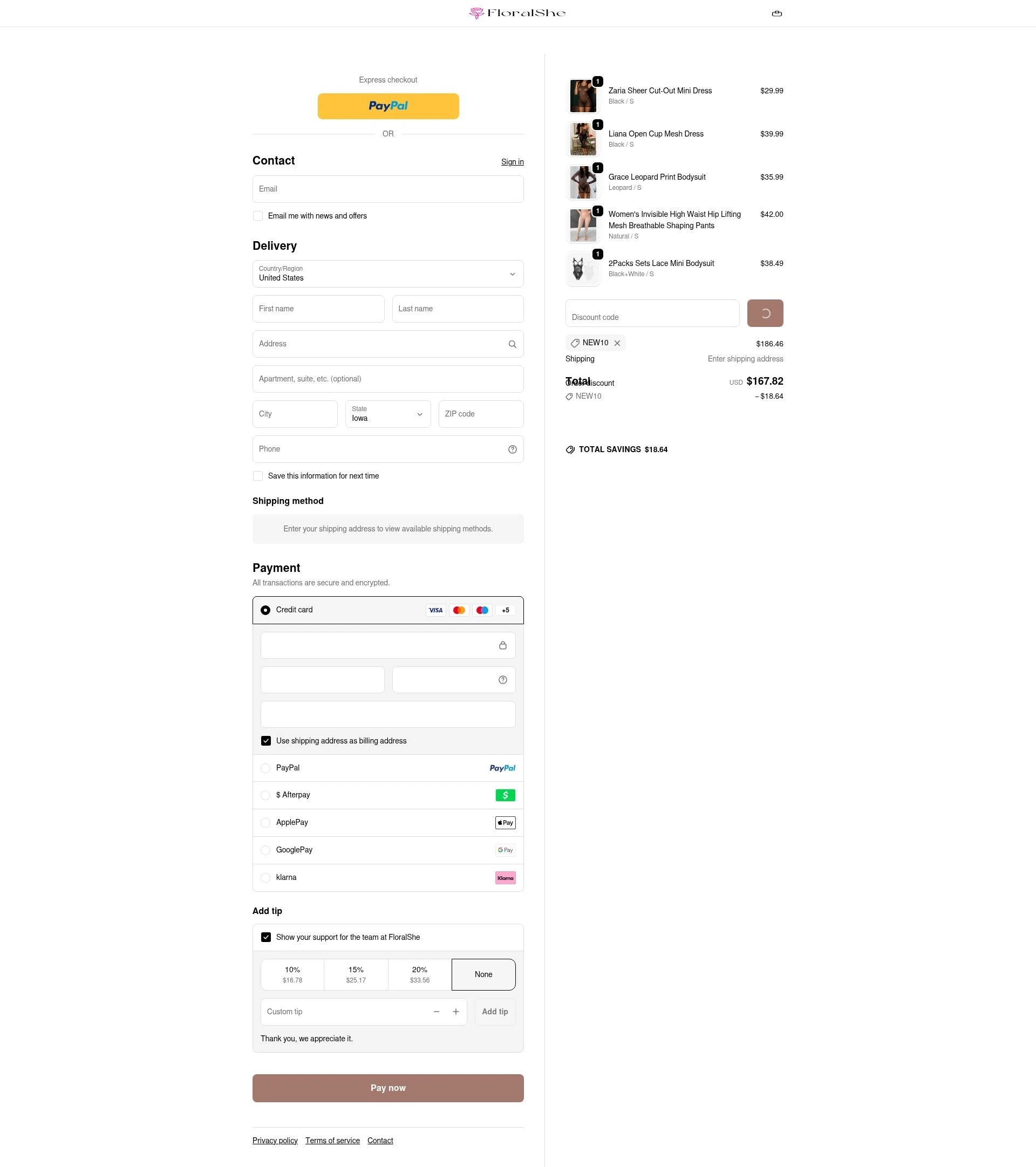 Floralshe checkout page showing Floralshe promo code box | Screenshot taken by SimplyCodes community member on Feb 18, 2026