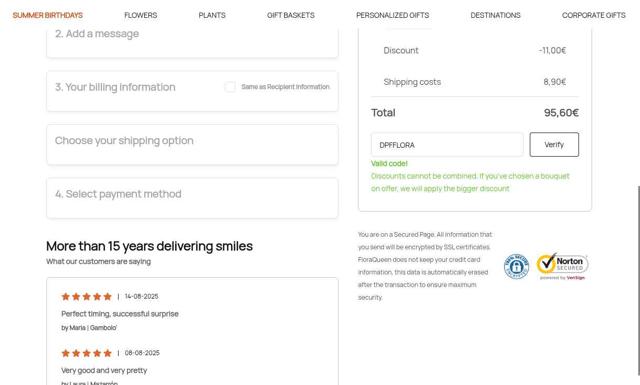 Flora Queen checkout page showing Flora Queen discount code box | Screenshot taken by SimplyCodes community member on Aug 23, 2025