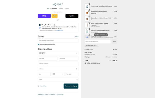 Florasis checkout page showing Florasis discount code box | Screenshot taken by SimplyCodes community member on Sep 15, 2025