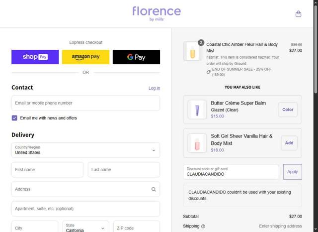 Florence by Mills checkout page showing Florence by Mills discount code box | Screenshot taken by SimplyCodes community member on Aug 27, 2025